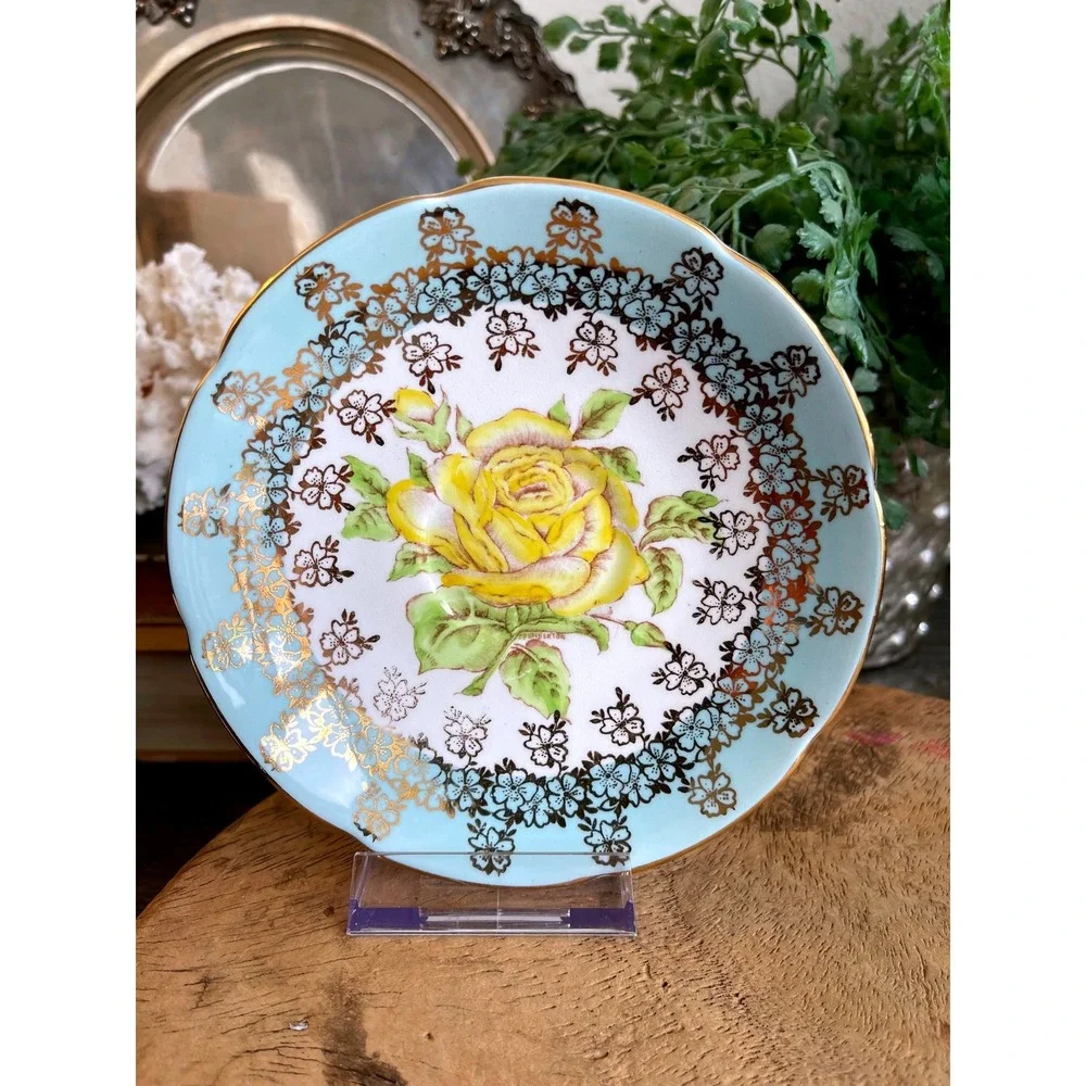 Vintage Stanley Bone China Teacup Saucer Yellow Rose Blue Gold England - Picture 9 of 10